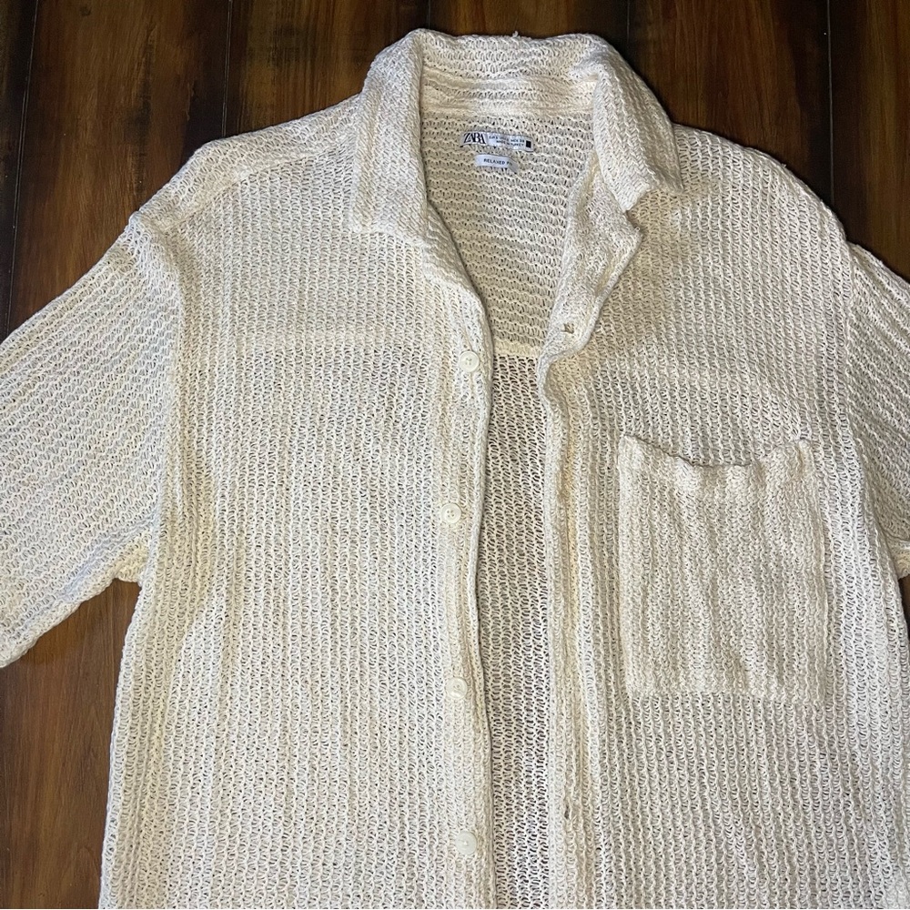 Zara Cream Textured Button Down Shirt - Picture 2 of 6